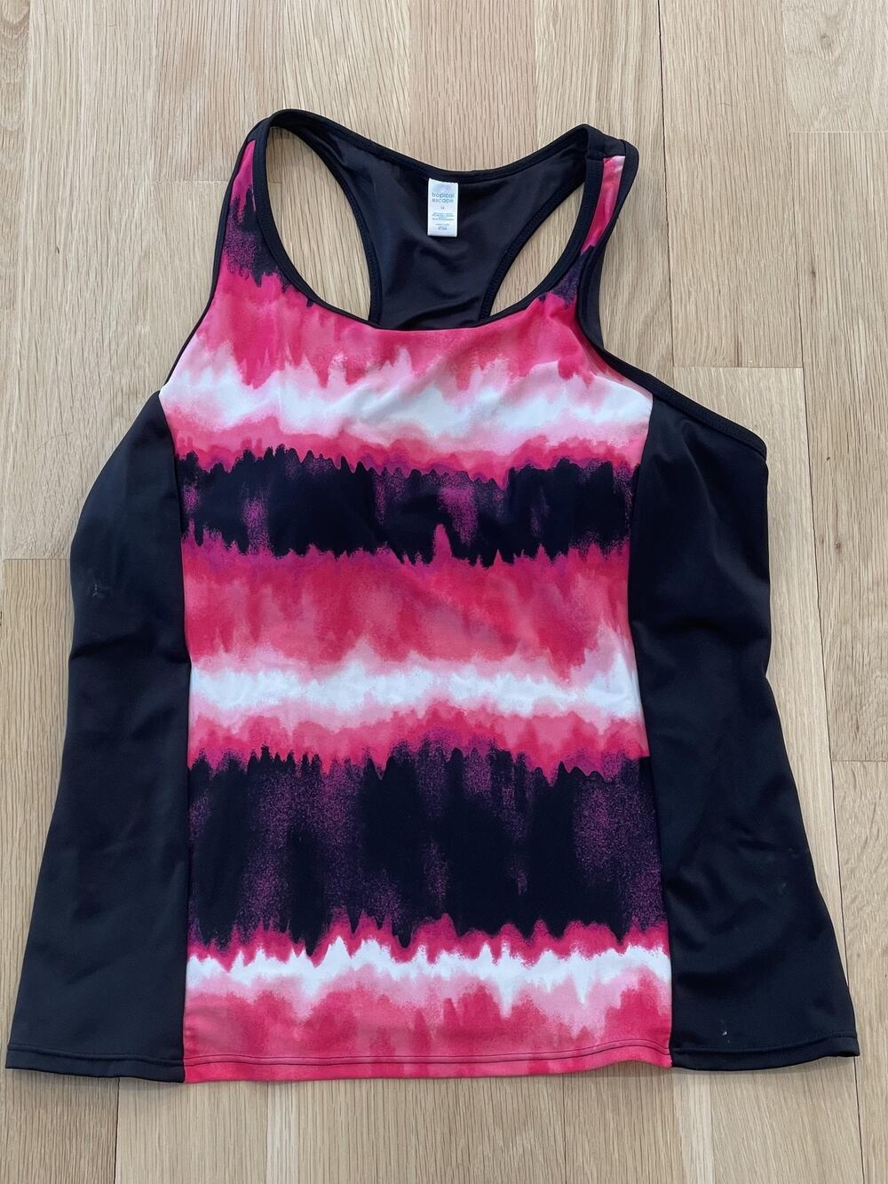 Tropical Escape Swim Top Womens XL 16 Pink Black Nylon Racerback Swimwear